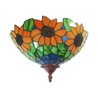 Sunflower Pattern Wall Light Tiffany Style Rustic Stained Glass 1 Light Sconce Light for Cafe