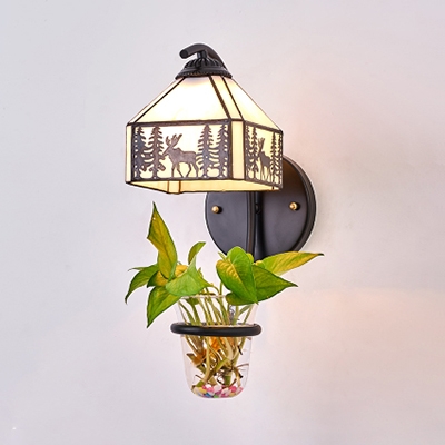 House Shape Sconce Light Tiffany Style Stained Glass Wall Lamp with Leaf Decoration for Balcony