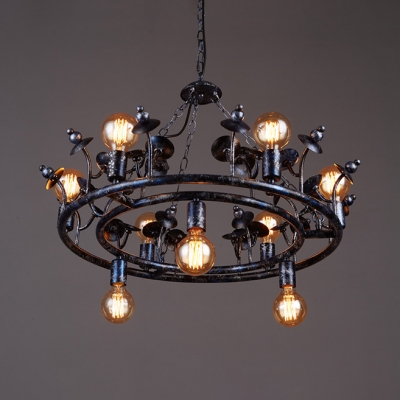 Living Room Round Chandelier 9 Lights Vintage Metal Ceiling Chandelier in Black