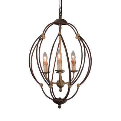 Metal Cage Candle Shape Chandelier 4 Lights Antique Style Pendant Light in Rust for Coffee Shop Restaurant