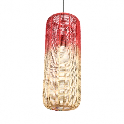 Red Cylinder Pendant Hanging Lamp Pastoral One Light Woven Pendant Light for Restaurant