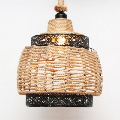 Rope Basket Shape Ceiling Pendant Single Light Antique Style Hanging Light in Beige for Indoor