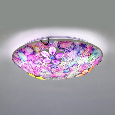 Rustic Purple/Pink Ceiling Light Round Stained Glass for Living Room