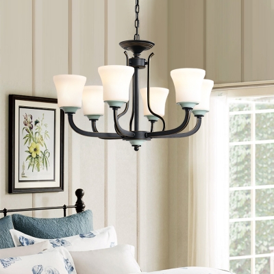 Rustic Style Black Ceiling Light Curved Shade 3/6 Lights Glass Metal Chandelier for Bedroom