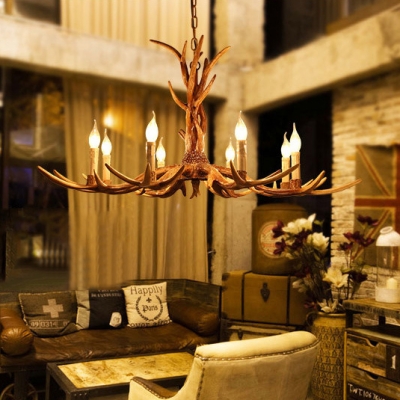 Rustic Style Candle Chandelier with Deer Horn Decoration 3/6/8 Lights Resin Pendant Chandelier for Restaurant