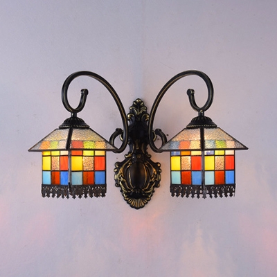 Stained Glass House Sconce Light Double Lights Tiffany Style Antique Wall Light for Hotel