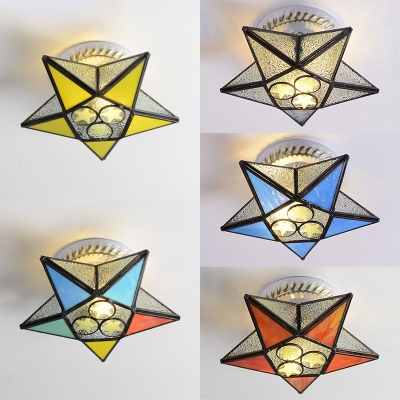 Stained Glass Star Semi Flush Mount Light Mediterranean Style Ceiling Lamp for Shop