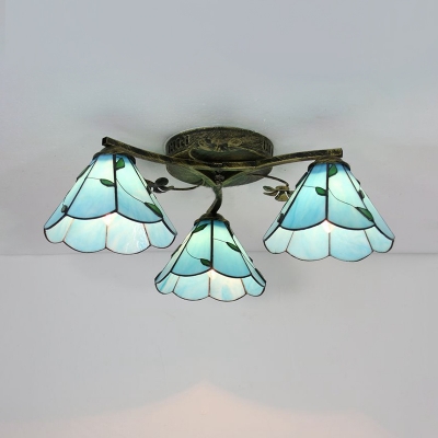 Tiffany Cone Semi Flush Ceiling Light 3 Lights White/Beige/Blue/Clear Glass Light Fixture for Bedroom