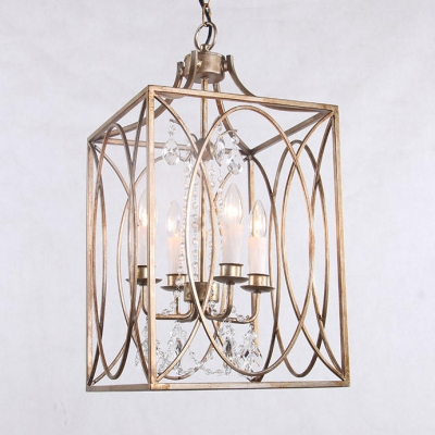 Traditional Style Candle Chandelier with Rectangle Cage and Crystal 4 Lights Metal Pendant Light for Shop