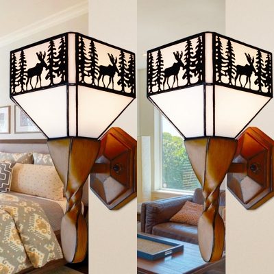 Wood and Glass Wall Light with Deer 1 Light Rustic Style Wall Lamp in White for Living Room