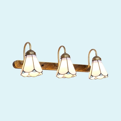3 Lights Cone Wall Light Antique Style Glass Sconce Light in White/Blue for Living Room Hallway