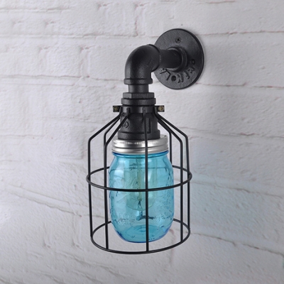 Antique Black Sconce Wall Light with Wire Cage Single Light Metal and Clear/Blue Glass Wall Lamp for Bar