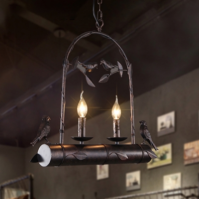 Arched Chandelier Lighting with Candle and Bird Decoration 2 Lights Rustic Metal Hanging Light in Rustic Copper