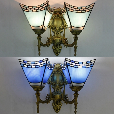Bedroom Cone Wall Light Glass 2 Lights Mediterranean Style Blue/Sky Blue Sconce Light