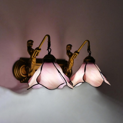 Blue/Pink/Clear Flower Sconce Light 2 Lights Tiffany Style Glass Wall Lamp with Mermaid for Bedroom