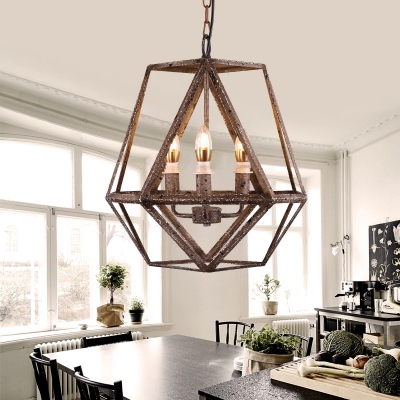 Brown Metal Cage Hanging Ceiling Light with Candle and Hanging Chain 3 Lights Rustic Pendant Light