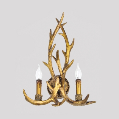 Deer Horn Living Room Sconce Wall Light Metal 2 Lights Rustic Style Wall Lamp in Brass