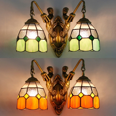 Dome Dining Room Sconce Light Stained Glass 2 Lights Vintage Style Wall Light in Green/Orange