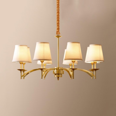 Elegant Brass Hanging Light with Tapered Shade 3/6/8 Lights Metal Fabric Chandelier for Bedroom Foyer