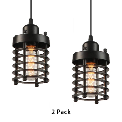 Metal Hollow Cylinder Hanging Light 2 Pack 1 Light Vintage Style Pendant Lamp in Black for Kitchen Dining Room