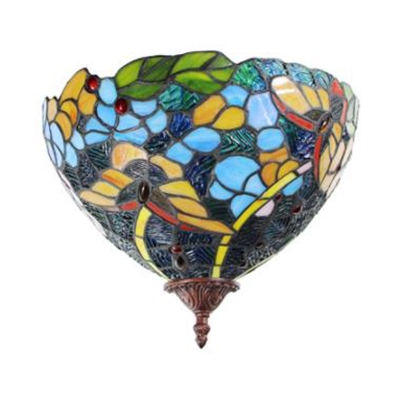 Stained Glass Conical Sconce Wall Light Single Light Butterfly Pattern Tiffany Style Vintage Wall Lamp for Living Room