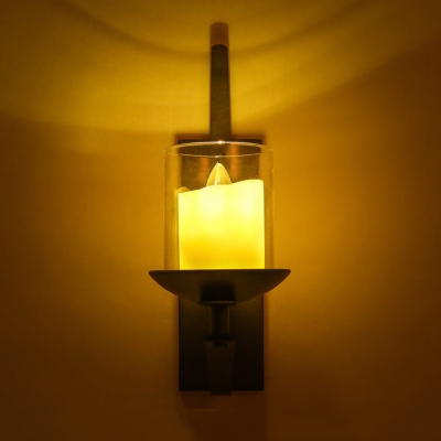 Industrial Black Wall Lamp with Candle Shape 1 Light Metal and Glass Sconce Light for Foyer