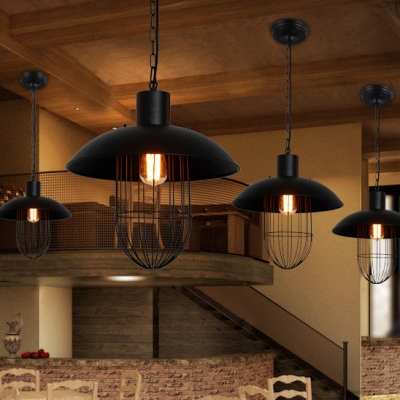Industrial Pendant Light with Iron Wire Single Light Metal Ceiling Pendant in Black for Coffee Shop