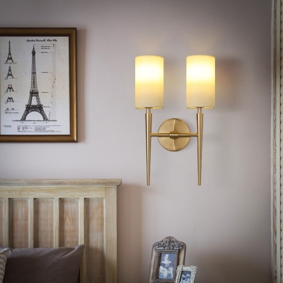 Metal Frosted Glass Cylinder Wall Light Dining Room Bedroom 2 Lights Modern Sconce Light in Brass