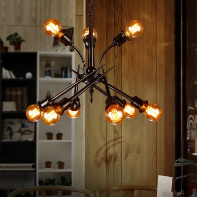 Metal Open Bulb Chandelier 9 Lights Vintage Black Hanging Lights for Living Room