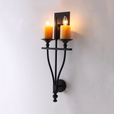 Metal White/Yellow Candle Wall Light 2 Lights Antique Style Sconce Light in Black for Kitchen