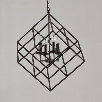 Metal Wire Frame Ceiling Light 4 Lights Vintage Chandelier in Black for Dining Room
