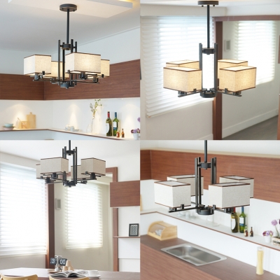 Rustic Style Rectangle Chandelier 4 Lights Metal Suspension Light in Black for Living Room