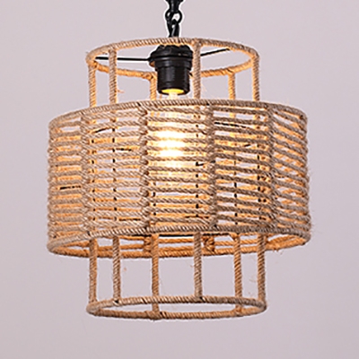Single Light Drum Shape Hanging Lamp Vintage Style Rope Ceiling Pendant in Beige for Living Room