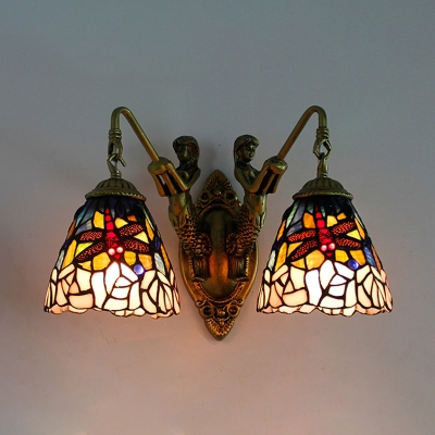 Stained Glass Dragonfly Wall Light 2 Lights Rustic Style Wall Sconce with Mermaid for Hallway