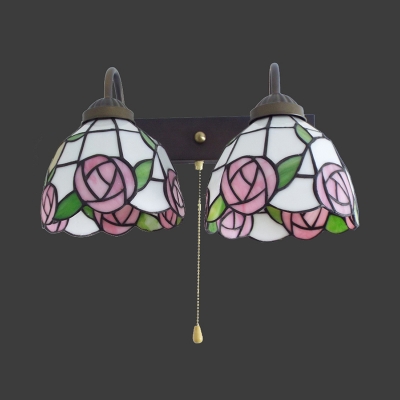 Stair Foyer Pink Rose Wall Lamp Stained Glass 2 Lights Vintage Style Sconce Light with Pull Chain