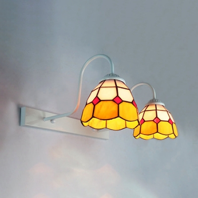 Tiffany Style Dome Wall Sconce 2 Lights Stained Glass Sconce Light in Blue/Yellow for Bathroom