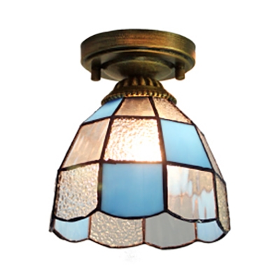 Tiffany Style Flush Mount Light Cone 1 Light Blue/White Glass Overhead Light for Study Bedroom