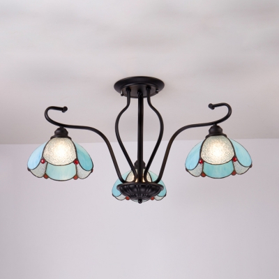 Tiffany Style Semi Flush Light Dome 3 Lights Blue/Clear Glass Ceiling Lamp for Living Room