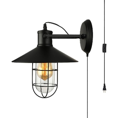 Vintage Cone Shape Sconce Light with Wire Frame 1 Light Metal Plug In Light Fixture in Black for Stair