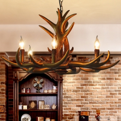 Vintage Style Gold Chandelier with Deer Horn Decoration 6 Lights Resin Hanging Light for Living Room