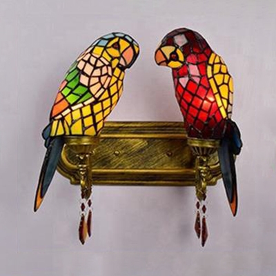 Vintage Style Parrot Wall Light 2 Lights Stained Glass Wall Lamp with Crystal for Bedroom