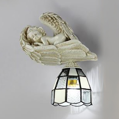 White/Blue Tiffany Style Sconce Light 1 Light Stained Glass and Resin Angel Decoration Wall Light for Bedroom