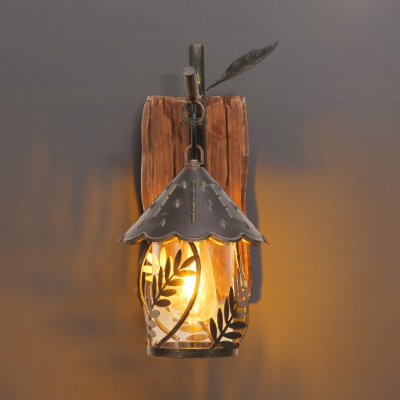 1 Light Lantern Sconce Light with Fabric Shade/Glass Shade Rustic Wall Lamp in Aged Brass