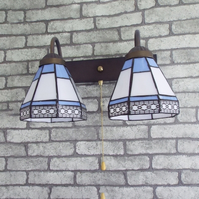 2 Lights Cone Sconce Light Antique Style Metal Wall Light with Pull Chain for Stair Hallway