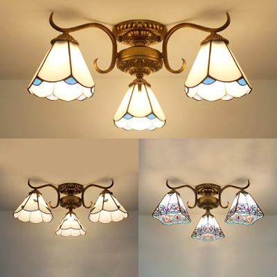 3 Lights Cone Semi Flush Mount Light Rustic Style Glass Ceiling Fixture for Dining Room