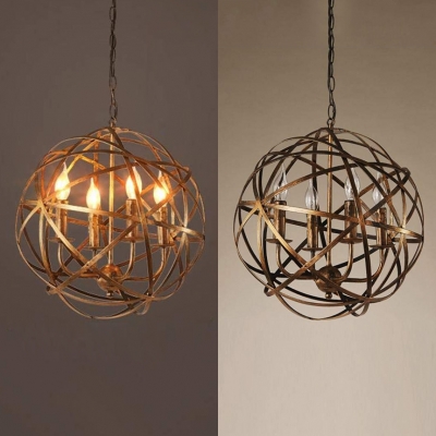 4 Lights Candle Chandelier with Globe Cage Vintage Style Metal Pendant Lamp for Kitchen Dining Room