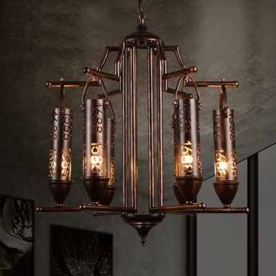6 Lights Cylinder Chandelier Antique Metal Chandelier Lamp in Bronze for Living Room
