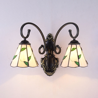 Antique Style Cone Wall Light with Leaf 2 Lights Metal Sconce Light for Stair Bathroom