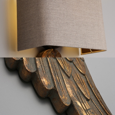 Antique Style Rectangle Shade Light Fixture with Feather Shape Body Wood and Fabric LED Wall Light for Villa