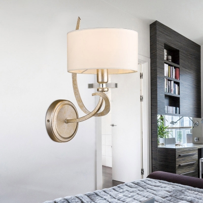 Antique Style White Wall Lamp with Drum Shade 1 Light Metal and Fabric Sconce Light for Hotel